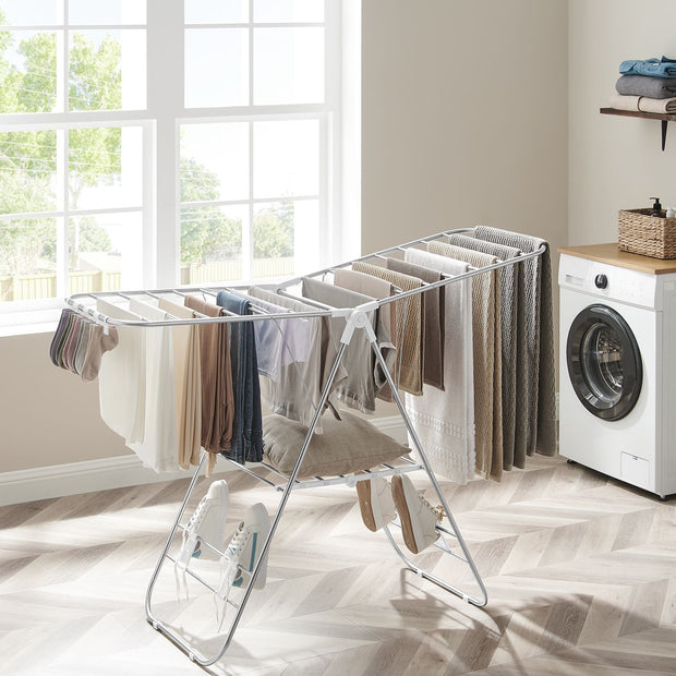 Foldable Clothes Drying Rack – Stainless Steel – Silver – Height-Adjustable Wings with 16 Metre Drying Space