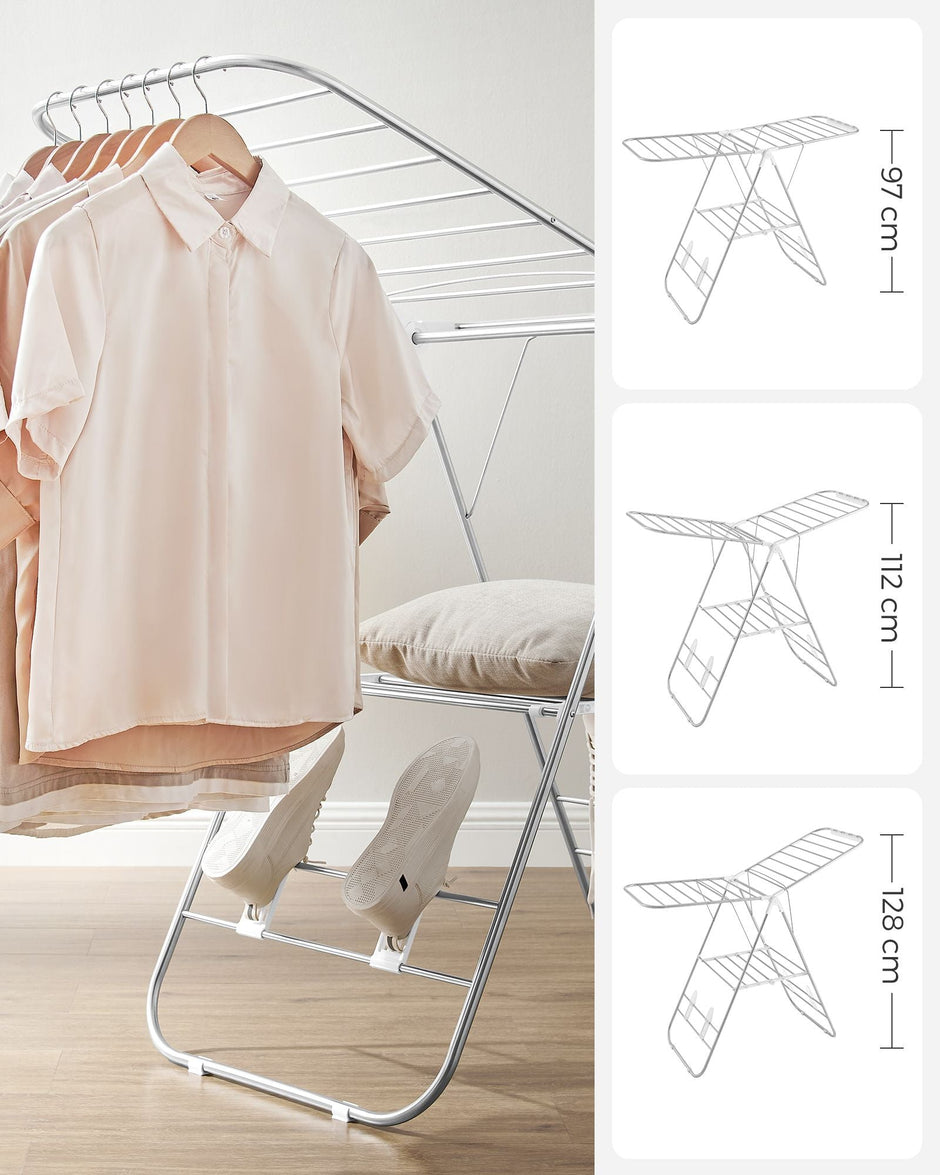 Foldable Clothes Drying Rack – Stainless Steel – Silver – Height-Adjustable Wings with 16 Metre Drying Space