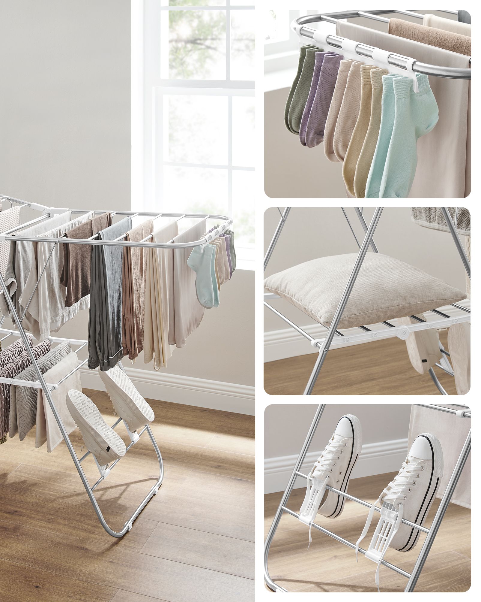 Foldable Clothes Drying Rack – Stainless Steel – Silver – Height-Adjustable Wings with 16 Metre Drying Space