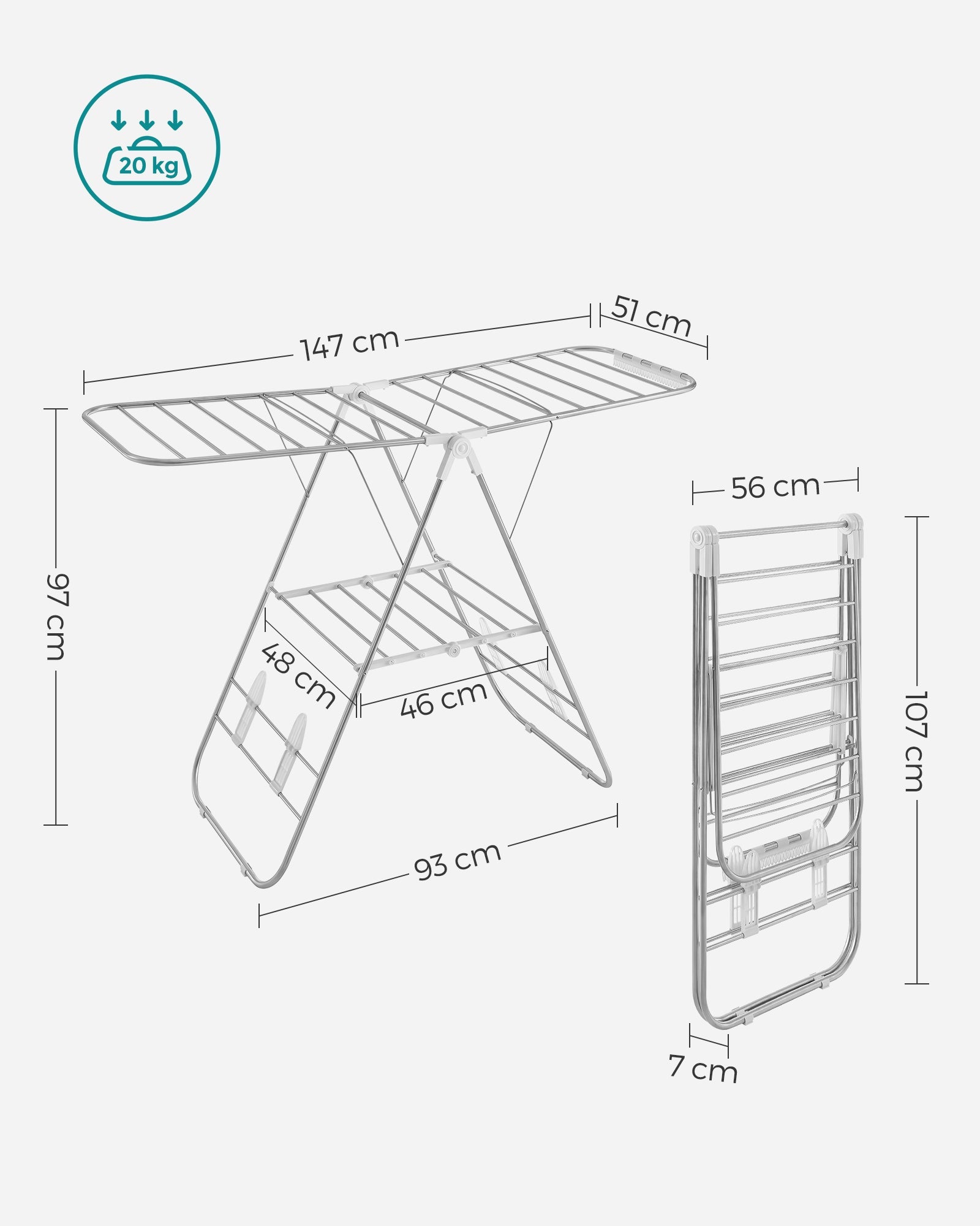 Foldable Clothes Drying Rack – Stainless Steel – Silver – Height-Adjustable Wings with 16 Metre Drying Space