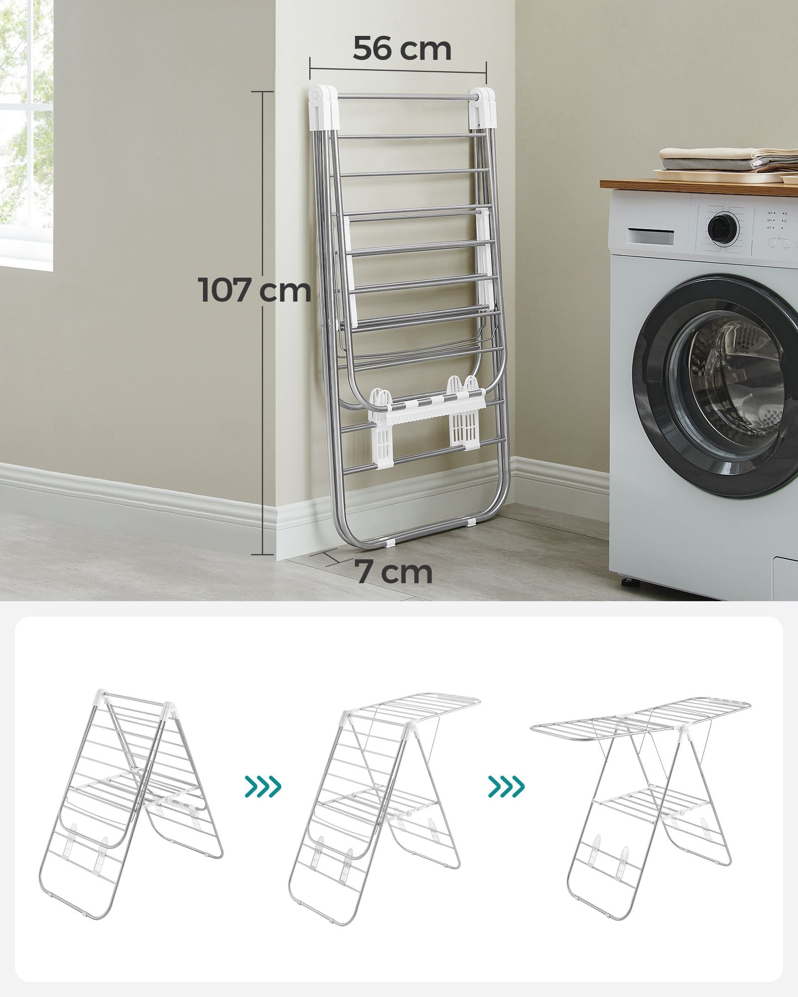 Foldable Clothes Drying Rack – Stainless Steel – Silver – Height-Adjustable Wings with 16 Metre Drying Space