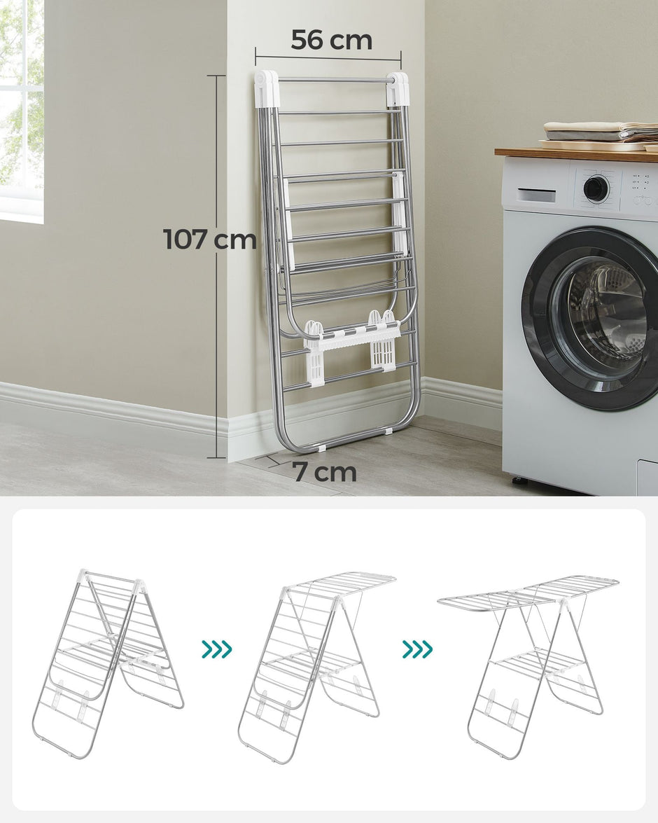 Foldable Clothes Drying Rack – Stainless Steel – Silver – Height-Adjustable Wings with 16 Metre Drying Space