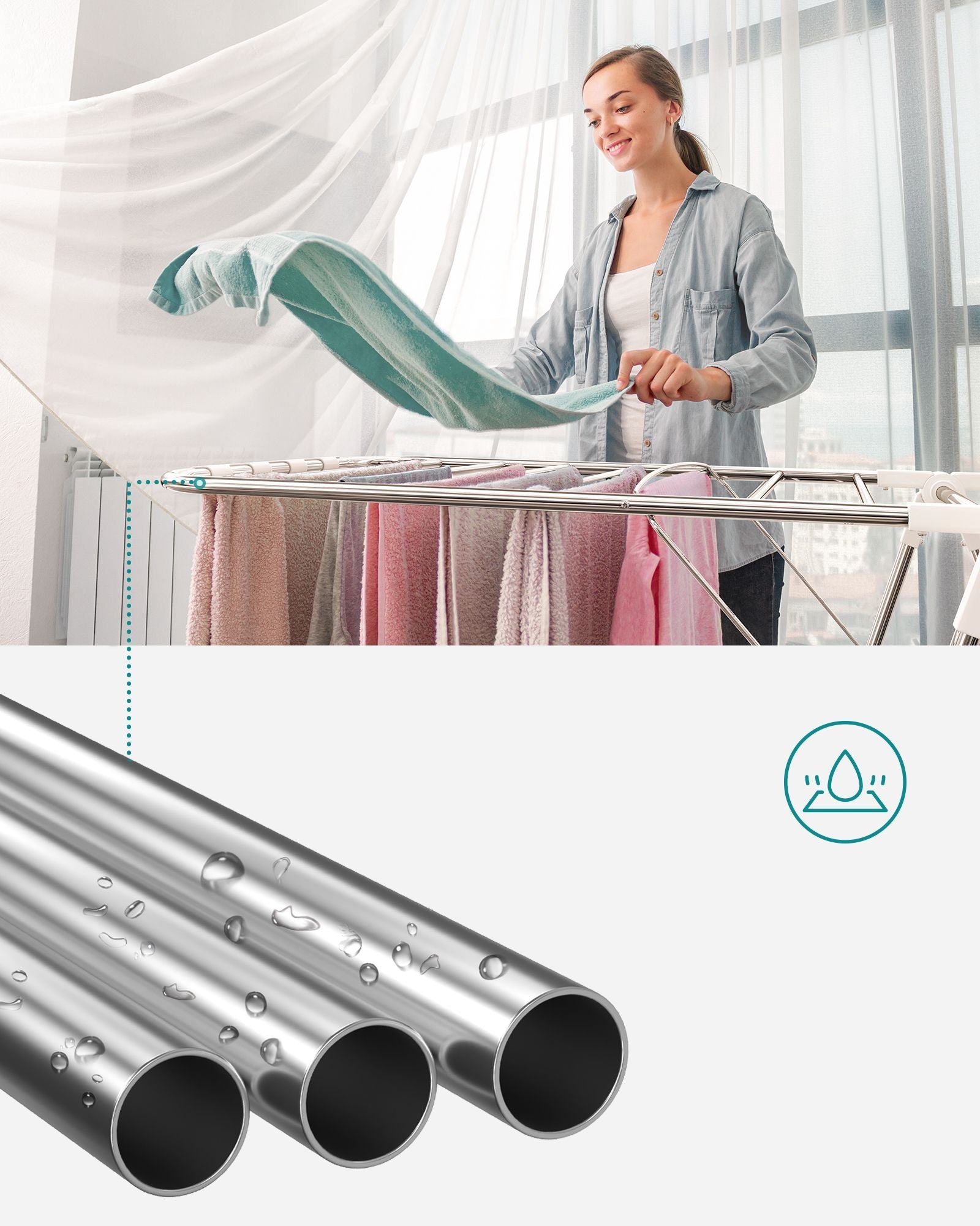 Foldable Clothes Drying Rack – Stainless Steel – Silver – Height-Adjustable Wings with 16 Metre Drying Space