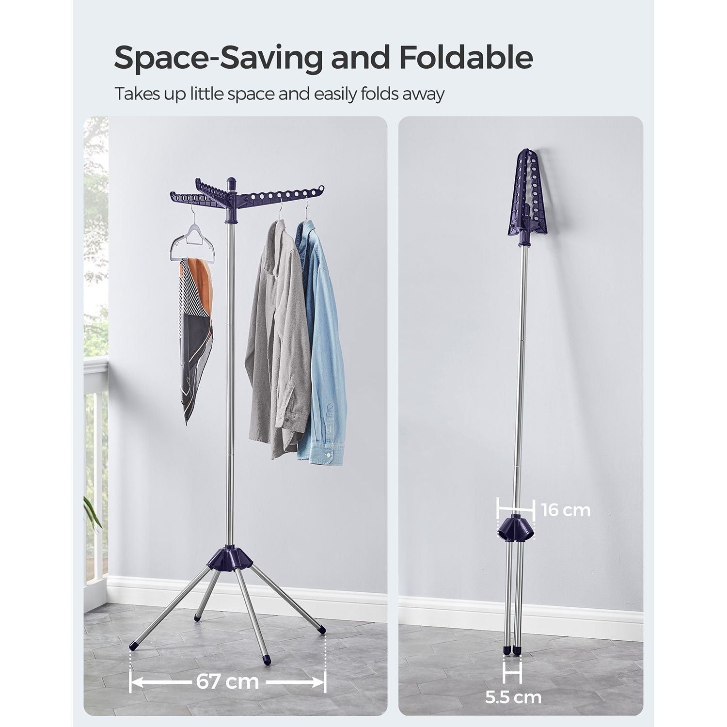 Clothes Airer – Stainless Steel – Silver – Space-Saving with 3 Rotatable Arms