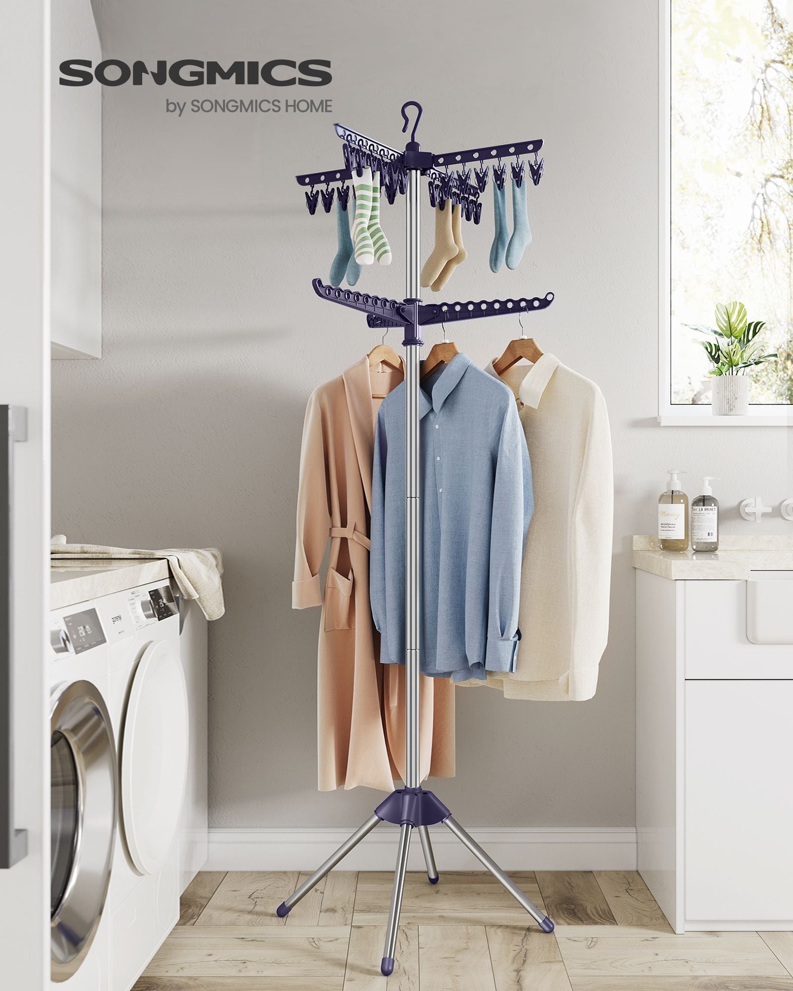 Folding Clothes Drying Rack – Stainless Steel – Blue and Silver – 3 Rotatable Arms, Indoor Use