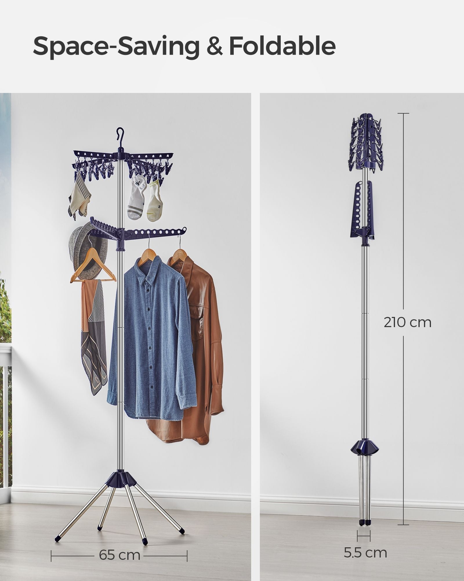 Folding Clothes Drying Rack – Stainless Steel – Blue and Silver – 3 Rotatable Arms, Indoor Use