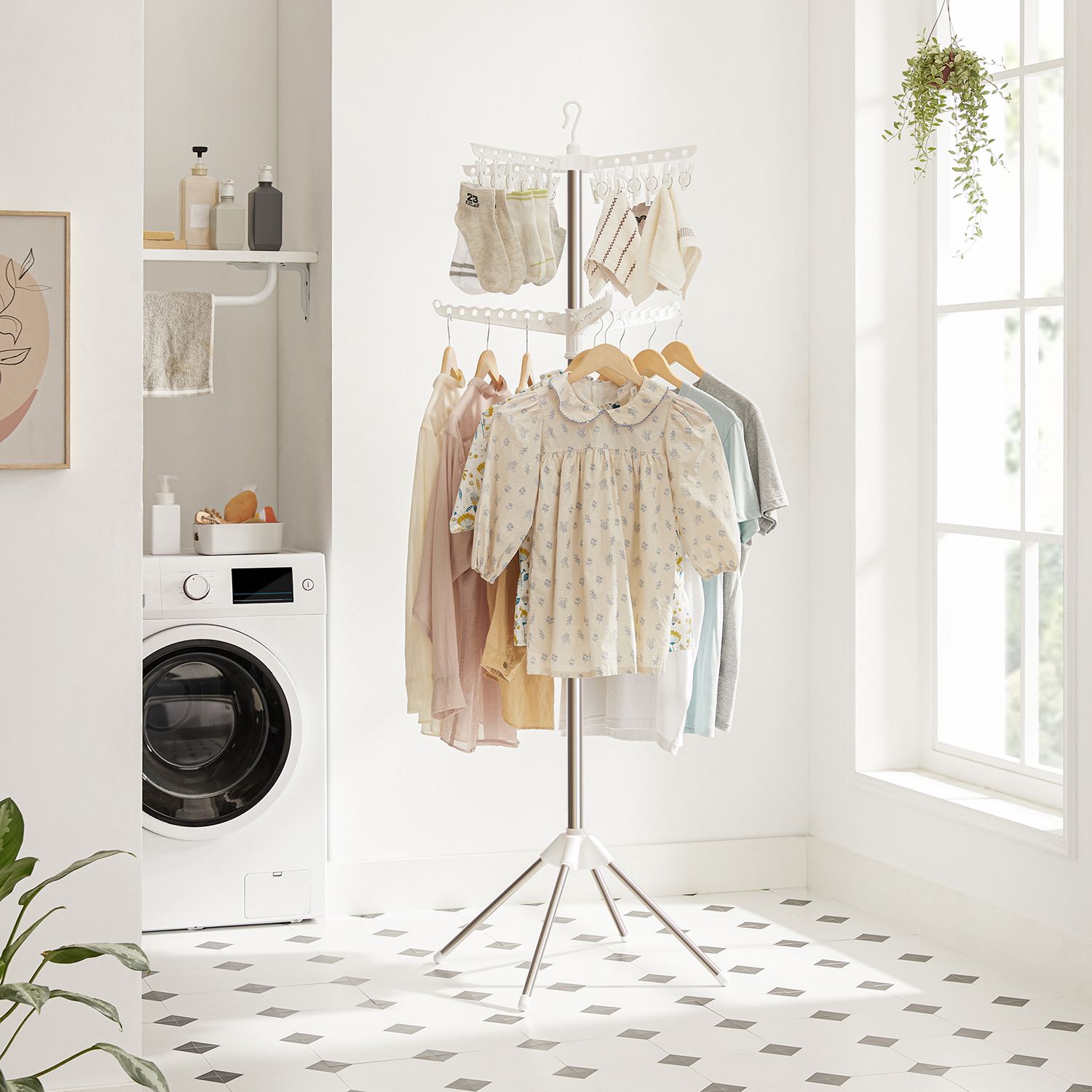 Clothes Drying Rack – Stainless Steel – White and Silver – 3 Rotatable Arms, 4-Leg Indoor Folding Design, 183 cm High