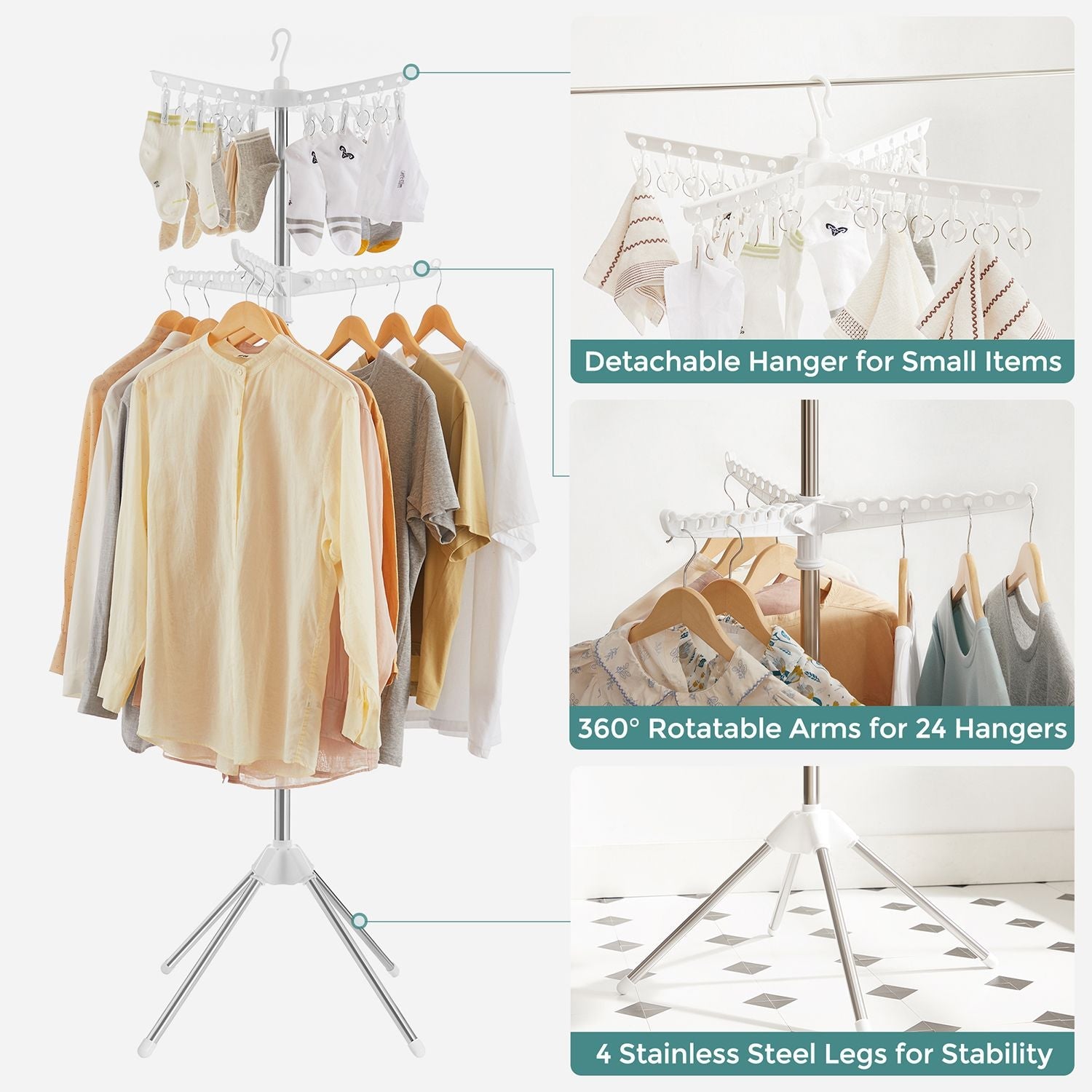 Clothes Drying Rack – Stainless Steel – White and Silver – 3 Rotatable Arms, 4-Leg Indoor Folding Design, 183 cm High
