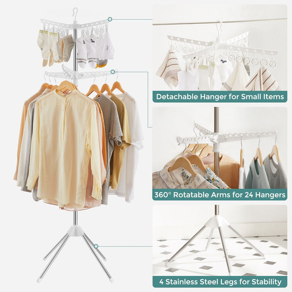 Clothes Drying Rack – Stainless Steel – White and Silver – 3 Rotatable Arms, 4-Leg Indoor Folding Design, 183 cm High