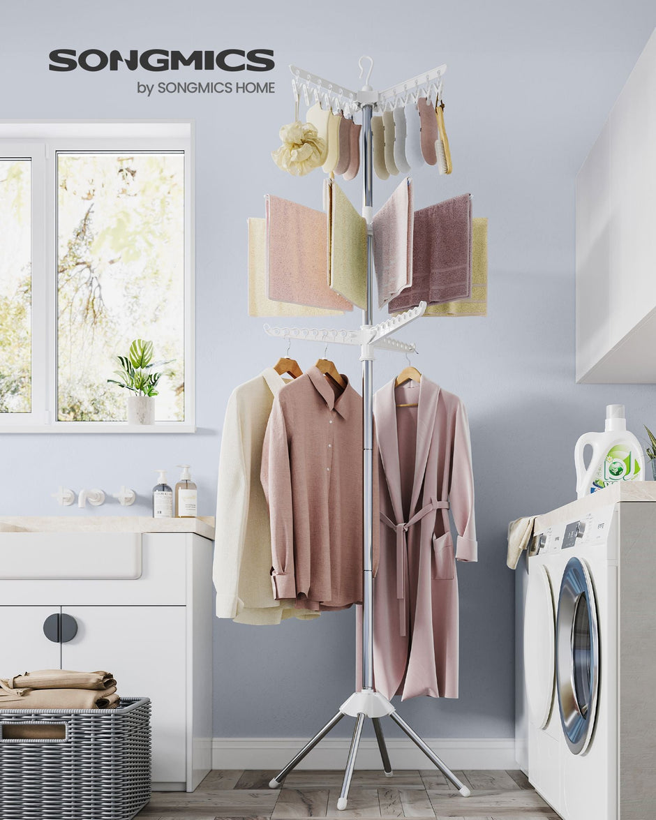 Folding Laundry Rack – Stainless Steel – White and Silver – 11 Rotatable Arms