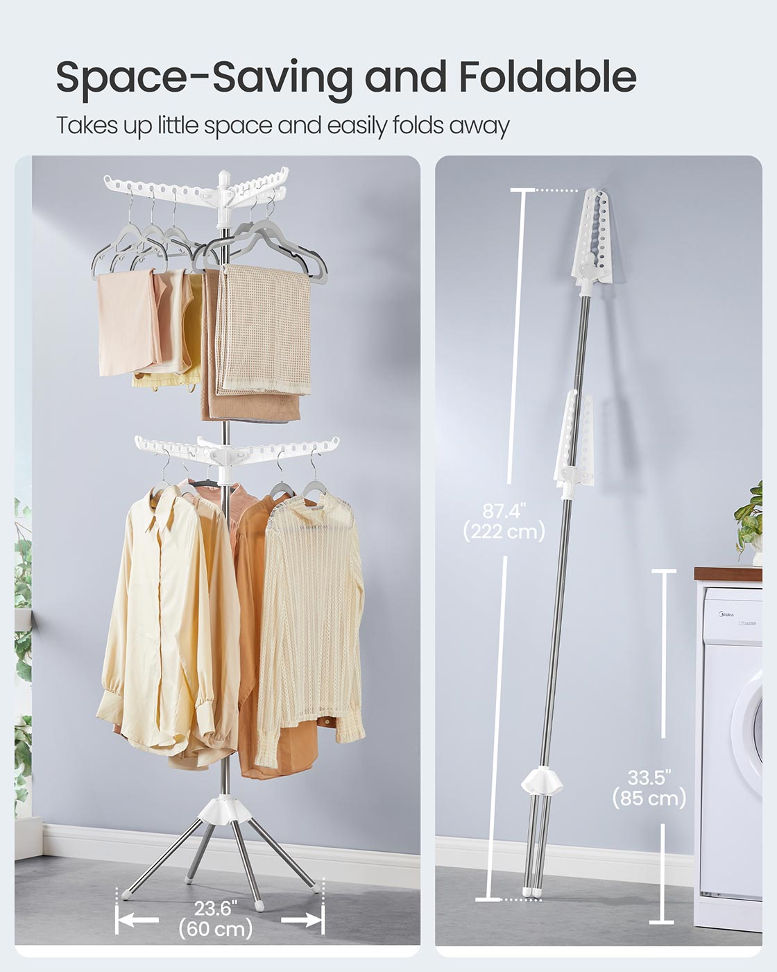 Clothes Airer – Stainless Steel – White and Silver – 6 Rotatable Arms, Space-Saving Design