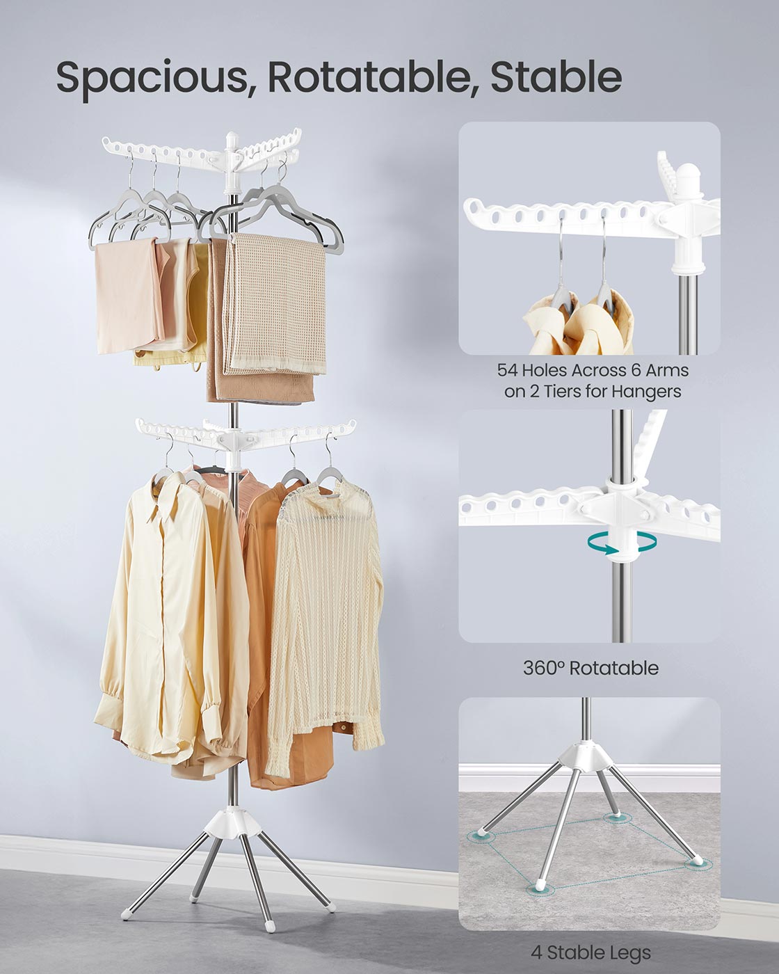 Clothes Airer – Stainless Steel – White and Silver – 6 Rotatable Arms, Space-Saving Design