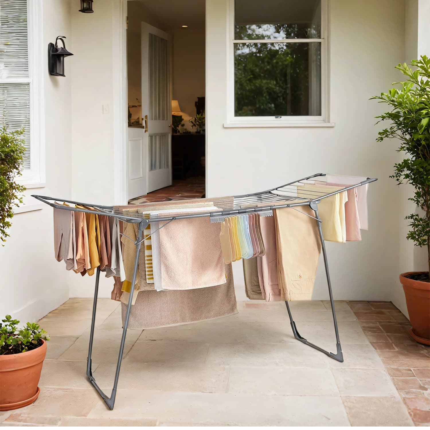 Clothes Drying Rack – Metal – Gray – Foldable with Gullwings and Sock Clips