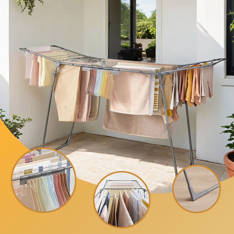 Clothes Drying Rack – Metal – Gray – Foldable with Gullwings and Sock Clips