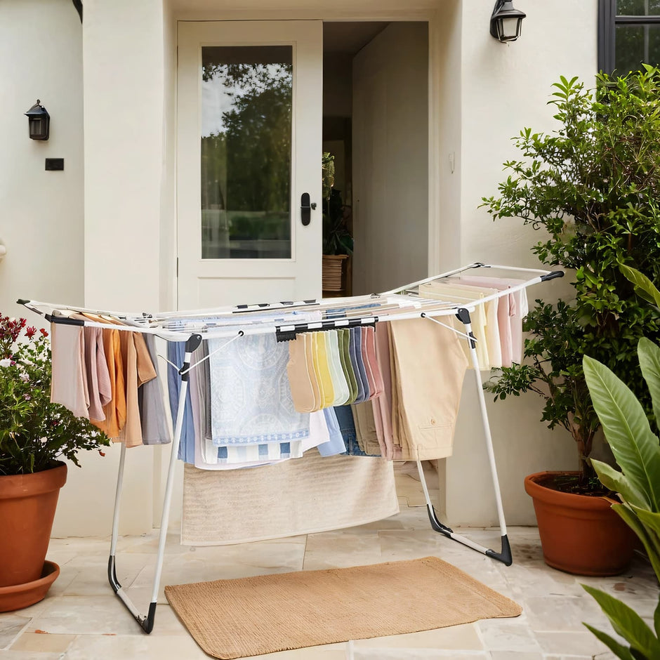 Clothes Drying Rack – Metal – Gray – Foldable with Gullwings and Sock Clips