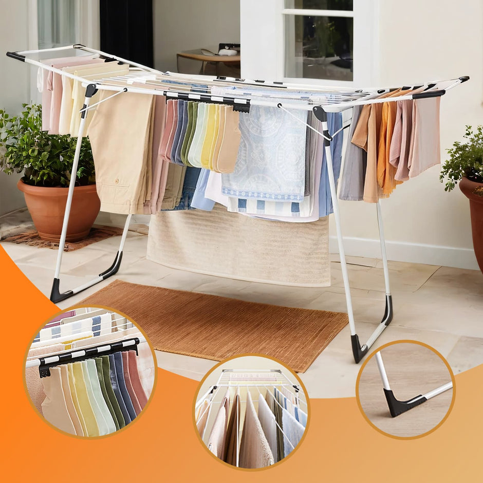 Clothes Drying Rack – Metal – Gray – Foldable with Gullwings and Sock Clips