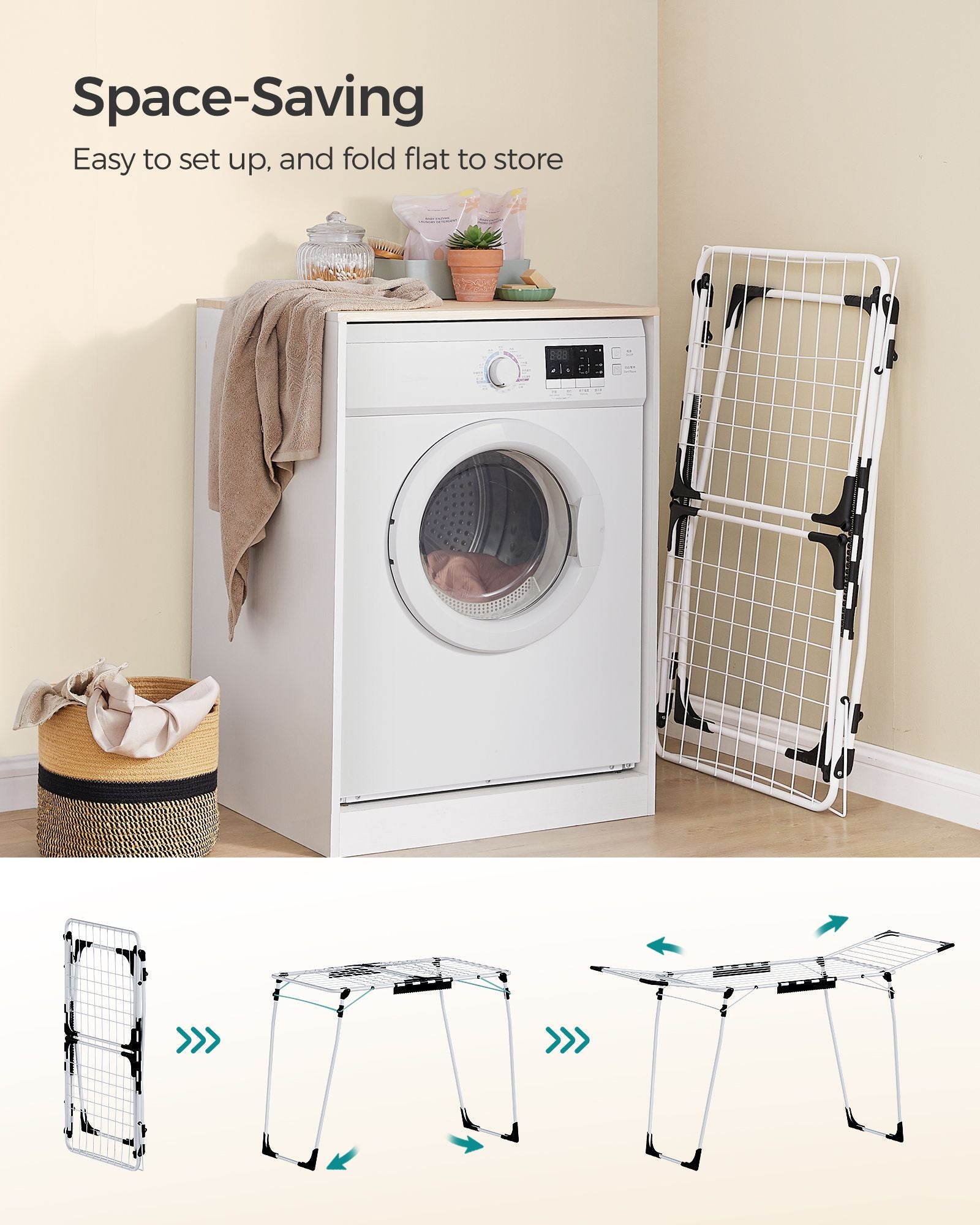 Winged Clothes Drying Rack – Metal – Silver – Space-Saving Design with Sock Clips