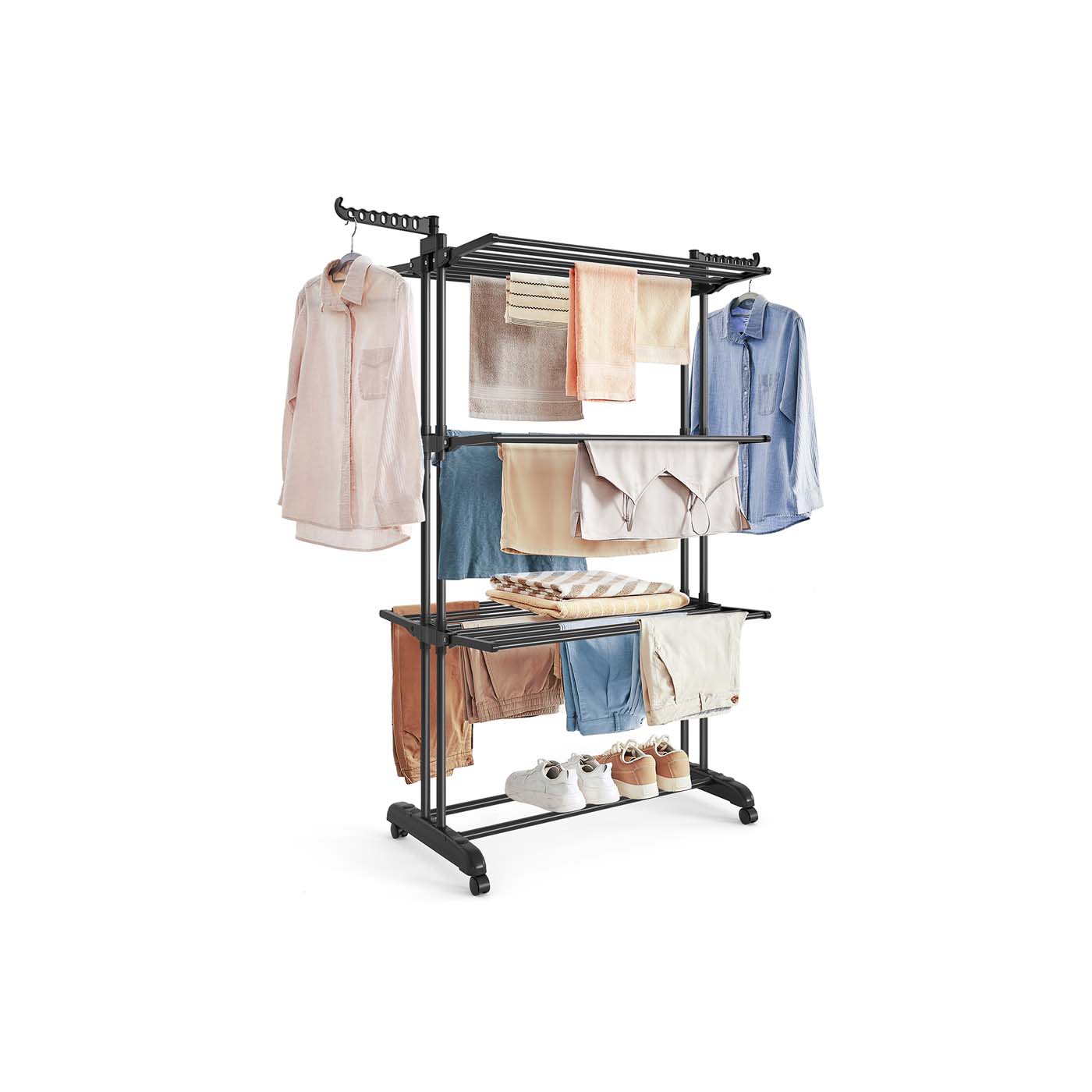 4-Tier Clothes Airer – Stainless Steel – Grey – Foldable and Moveable with Folding Wings
