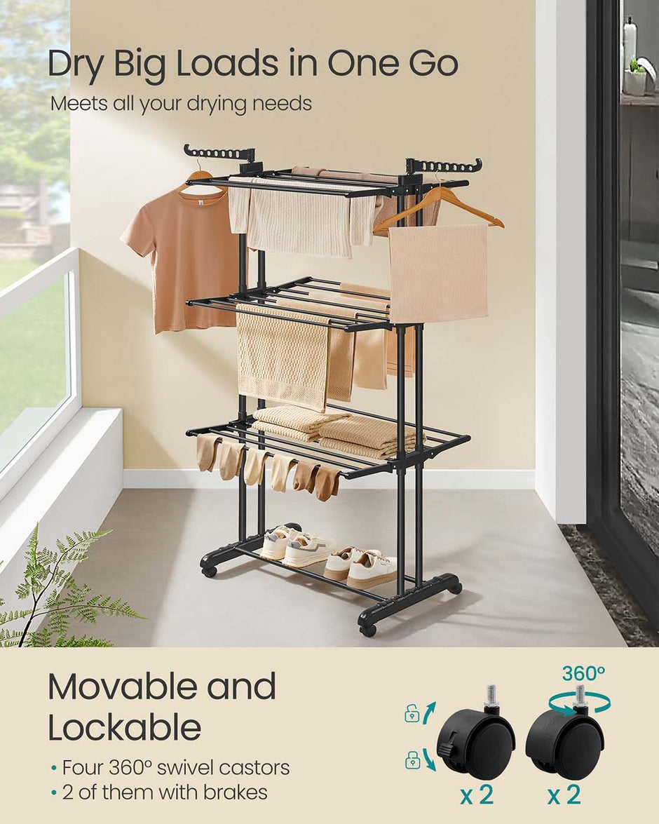 Large Clothes Airer – Stainless Steel – Ink Black – 4-Tier, Foldable Design, Indoor Outdoor Use
