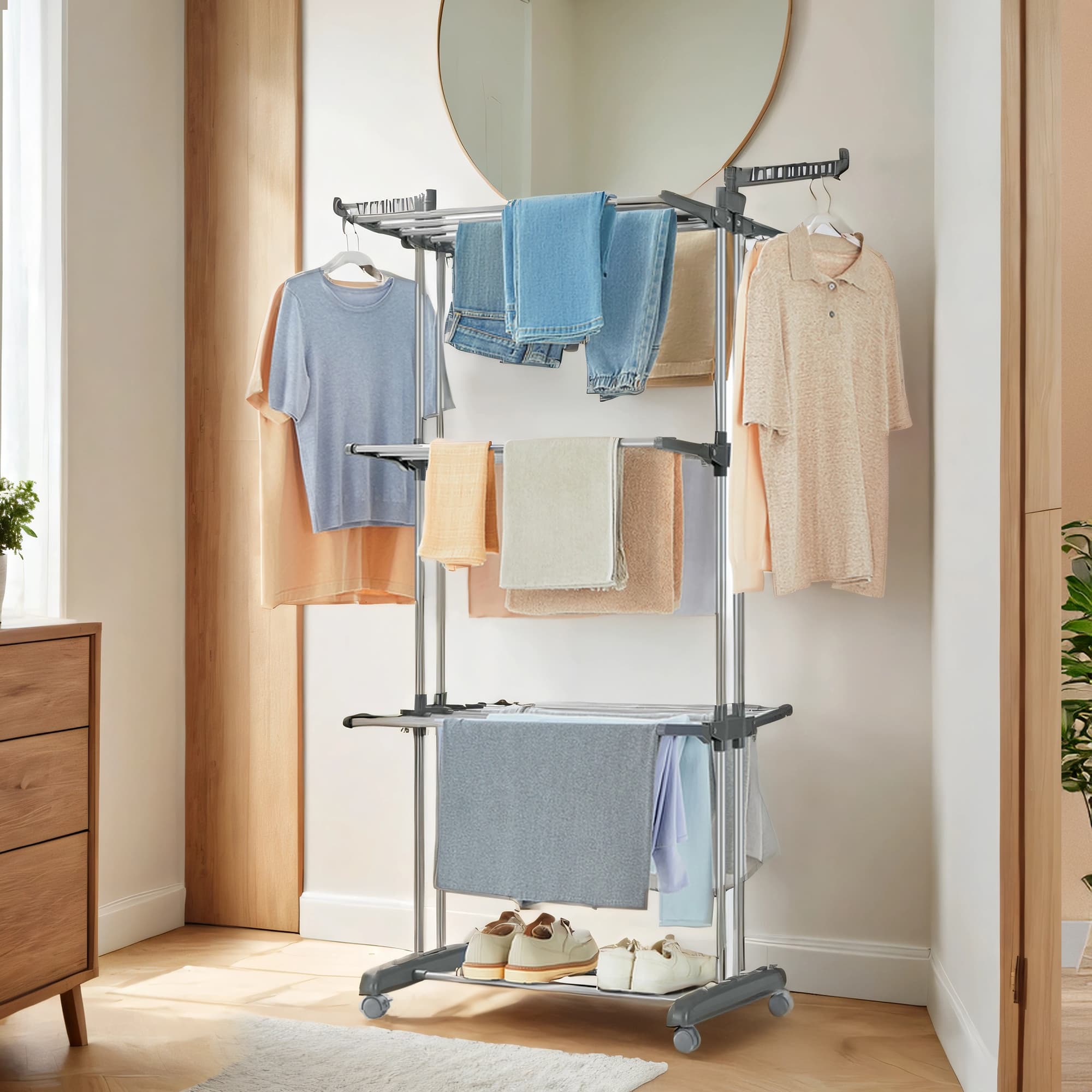 Folding Laundry Drying Rack – Stainless Steel – Grey – 4-Tier with Foldable Wings for Indoor and Outdoor Use