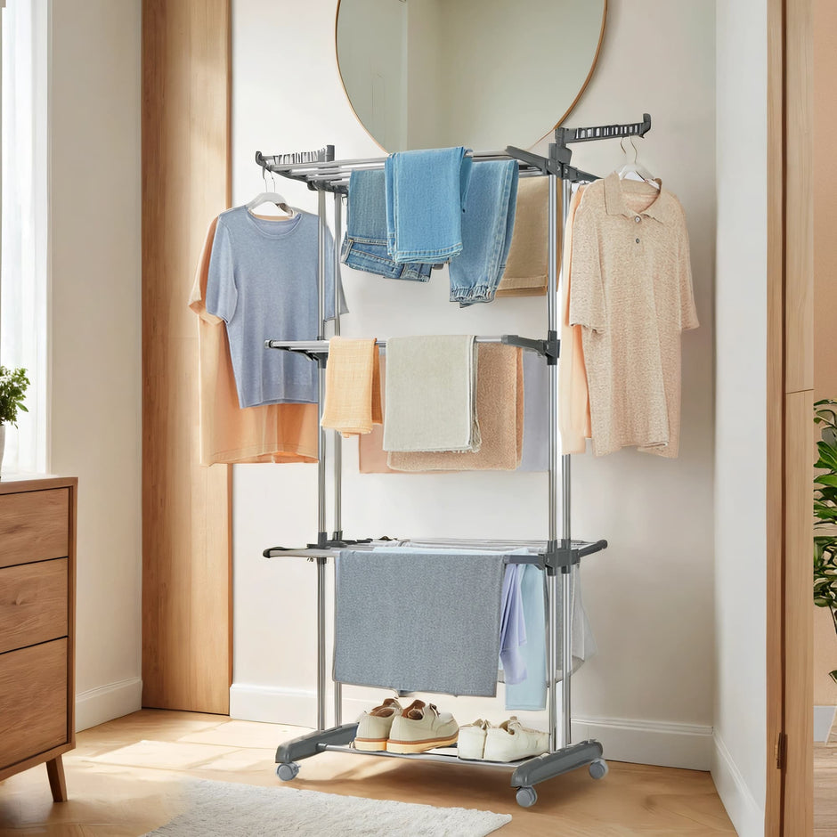 Folding Laundry Drying Rack – Stainless Steel – Grey – 4-Tier with Foldable Wings for Indoor and Outdoor Use