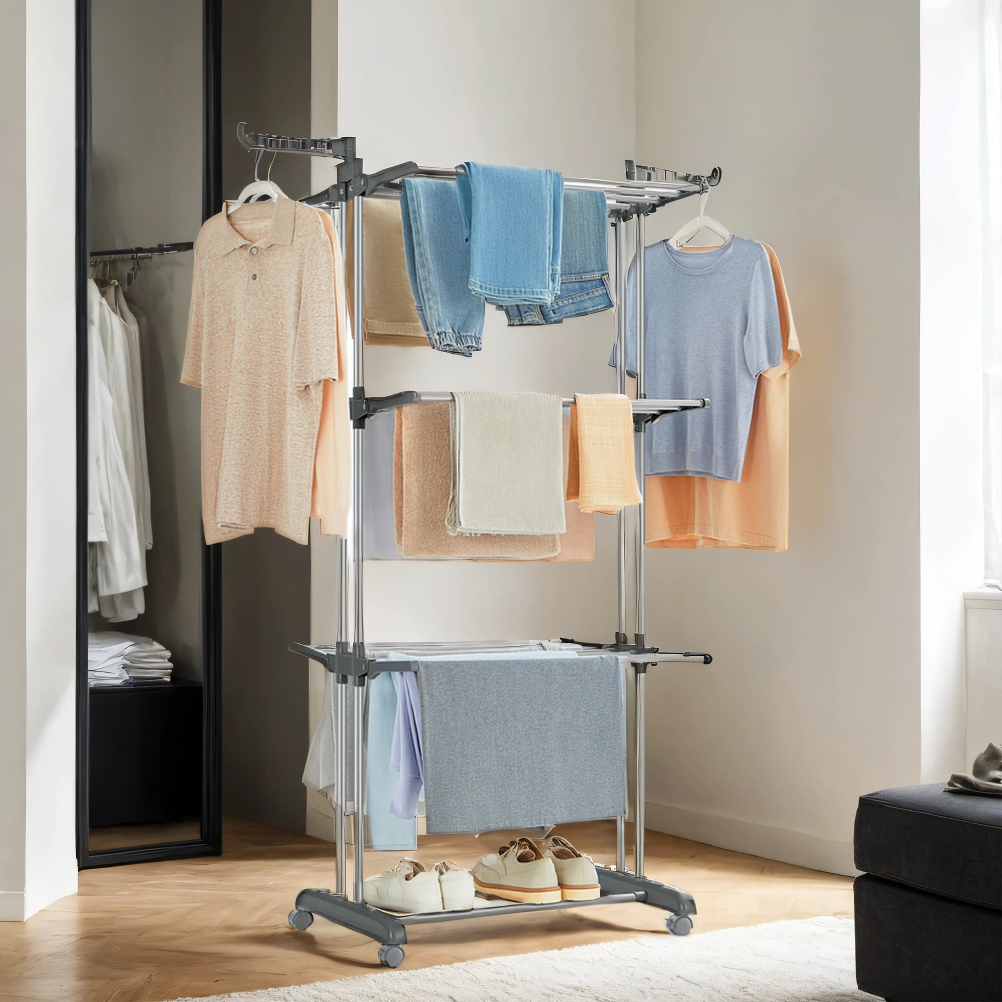 Folding Laundry Drying Rack – Stainless Steel – Grey – 4-Tier with Foldable Wings for Indoor and Outdoor Use