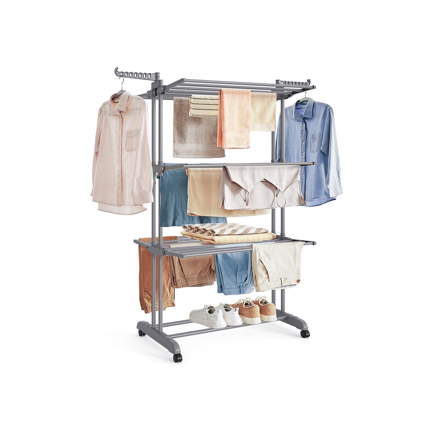 4-Tier Clothes Airer – Stainless Steel – Grey – Foldable and Moveable with Folding Wings