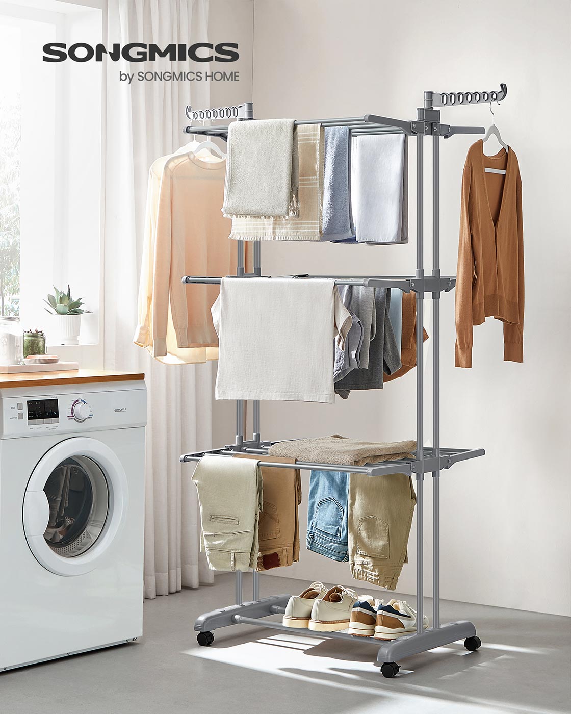 4-Tier Clothes Airer – Stainless Steel – Grey – Foldable and Moveable with Folding Wings