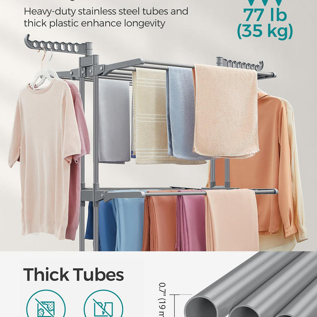 4-Tier Clothes Airer – Stainless Steel – Grey – Foldable and Moveable with Folding Wings