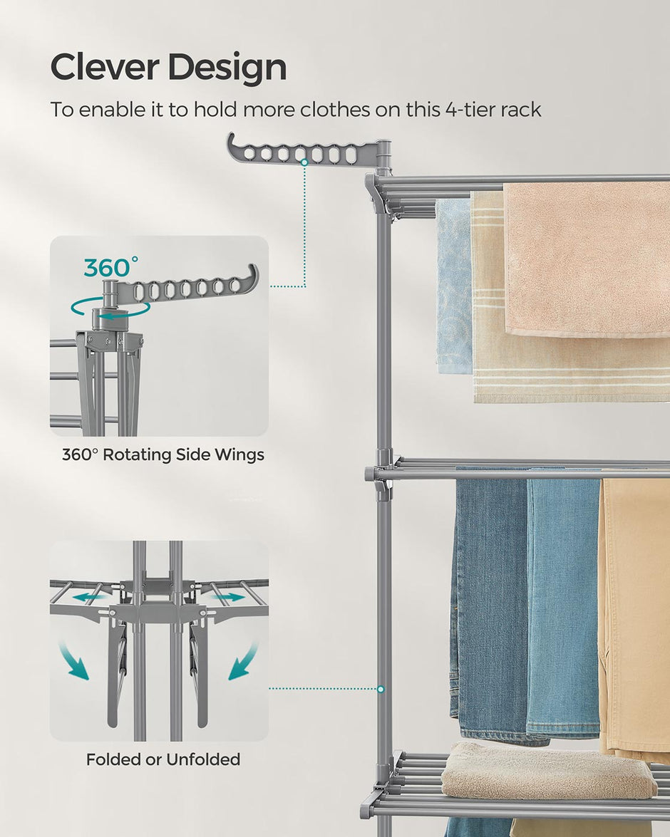 4-Tier Clothes Airer – Stainless Steel – Grey – Foldable and Moveable with Folding Wings