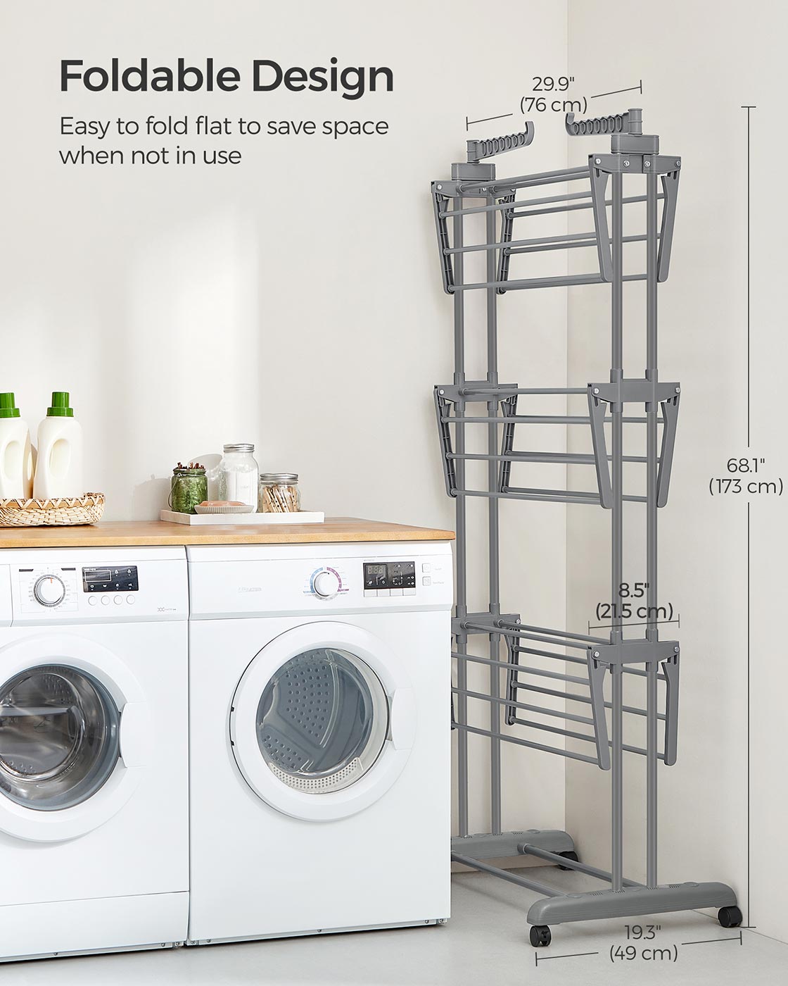 4-Tier Clothes Airer – Stainless Steel – Grey – Foldable and Moveable with Folding Wings