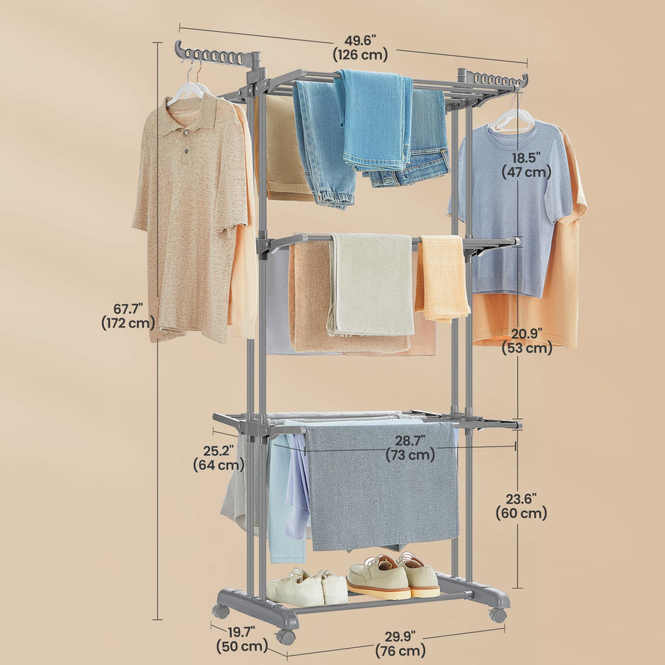 Folding Laundry Drying Rack – Stainless Steel – Grey – 4-Tier with Foldable Wings for Indoor and Outdoor Use