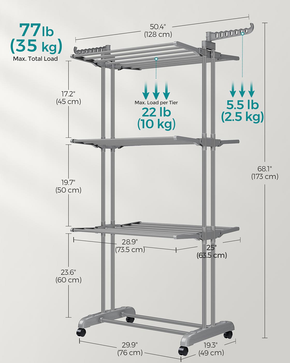 4-Tier Clothes Airer – Stainless Steel – Grey – Foldable and Moveable with Folding Wings
