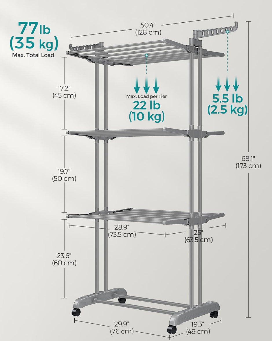 4-Tier Clothes Airer – Stainless Steel – Grey – Foldable and Moveable with Folding Wings