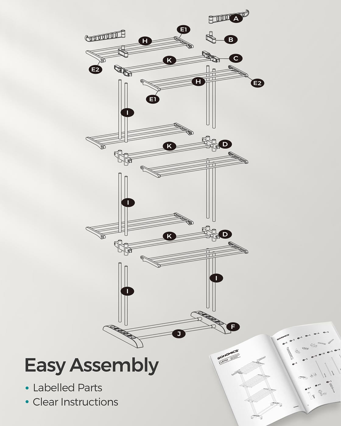 4-Tier Clothes Airer – Stainless Steel – Grey – Foldable and Moveable with Folding Wings