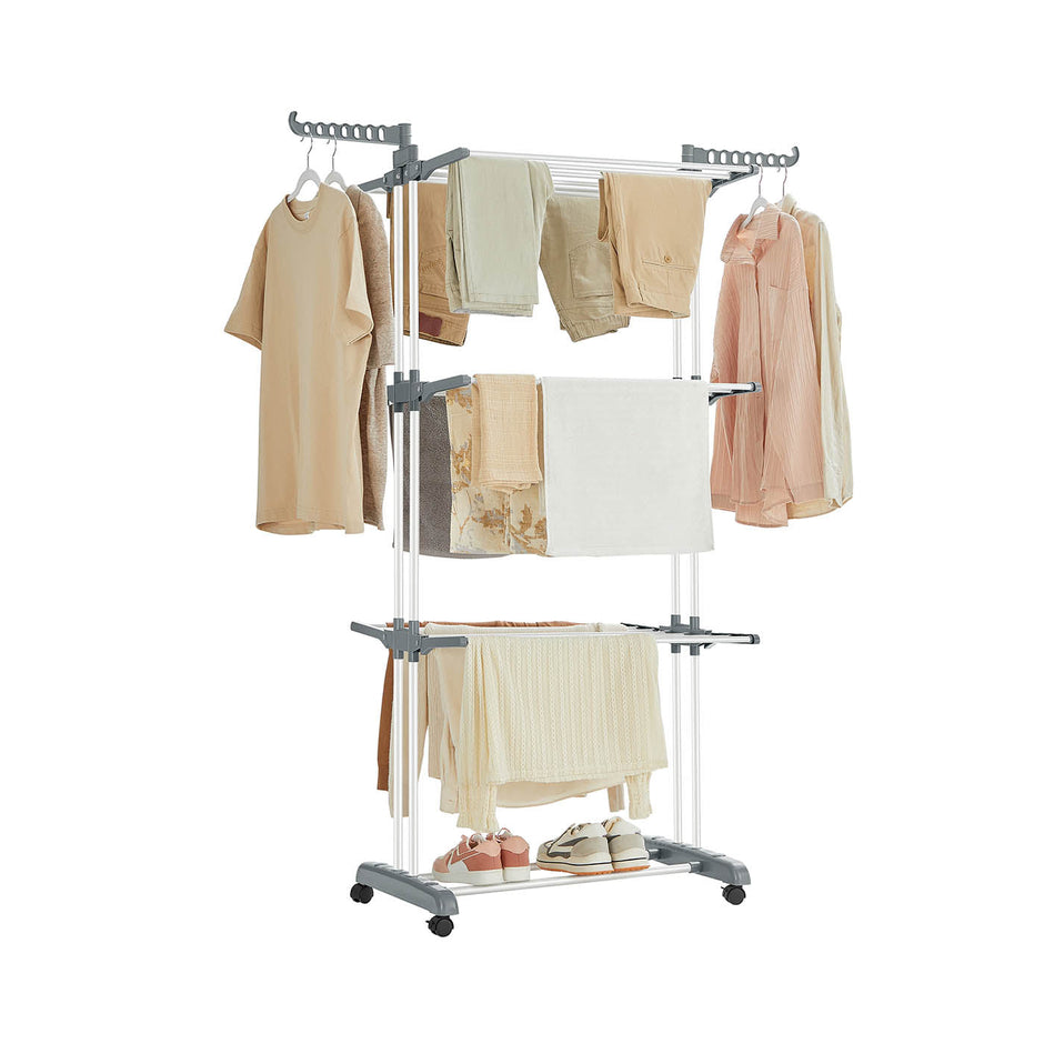 4-Tier Clothes Drying Rack – Stainless Steel – Grey – Foldable and Moveable Design