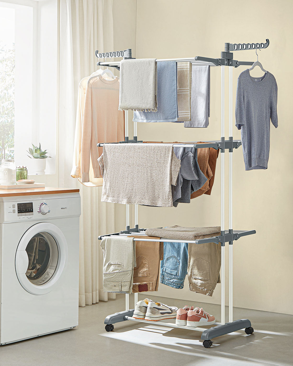 4-Tier Clothes Drying Rack – Stainless Steel – Grey – Foldable and Moveable Design