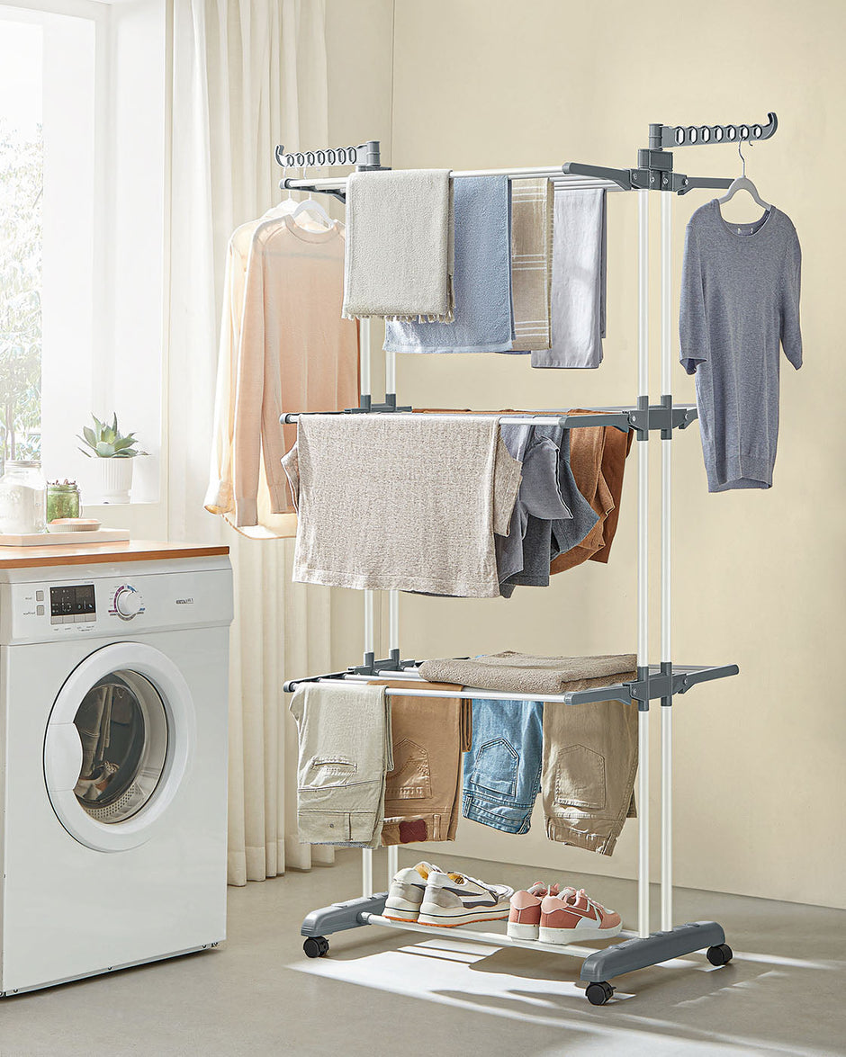 4-Tier Clothes Drying Rack – Stainless Steel – Grey – Foldable and Moveable Design