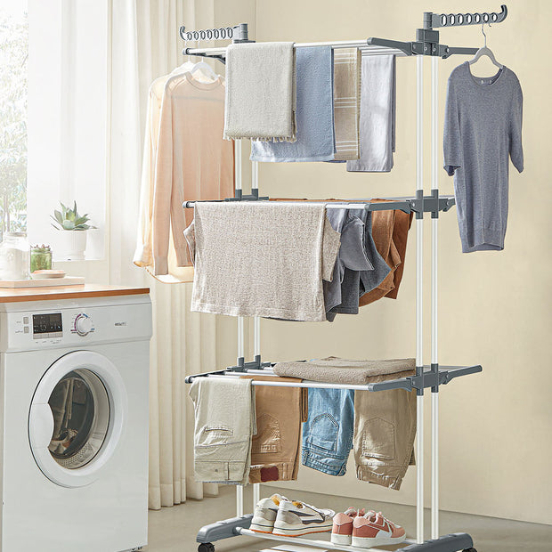 4-Tier Clothes Drying Rack – Stainless Steel – Grey – Foldable and Moveable Design