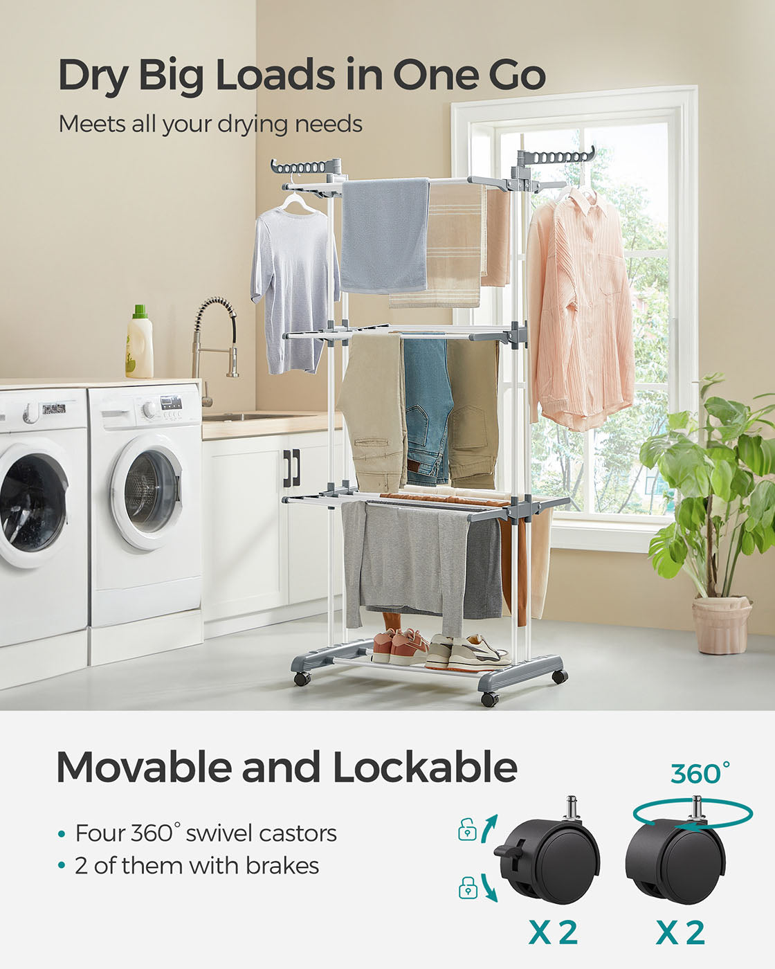 4-Tier Clothes Drying Rack – Stainless Steel – Grey – Foldable and Moveable Design