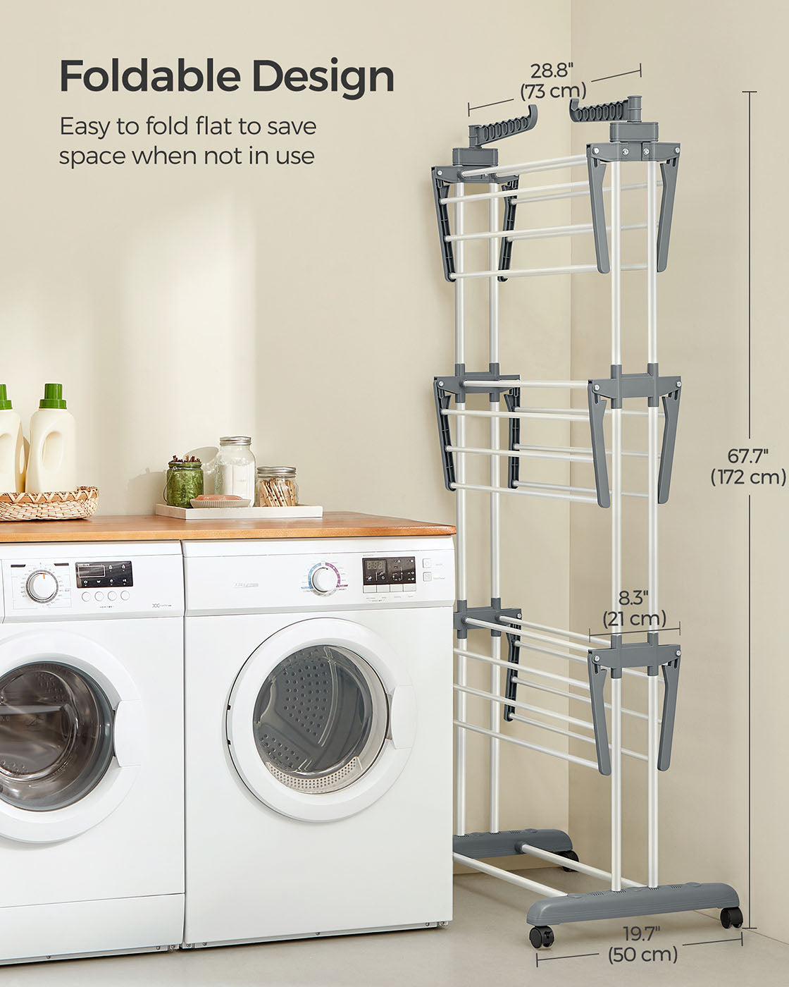 4-Tier Clothes Drying Rack – Stainless Steel – Grey – Foldable and Moveable Design