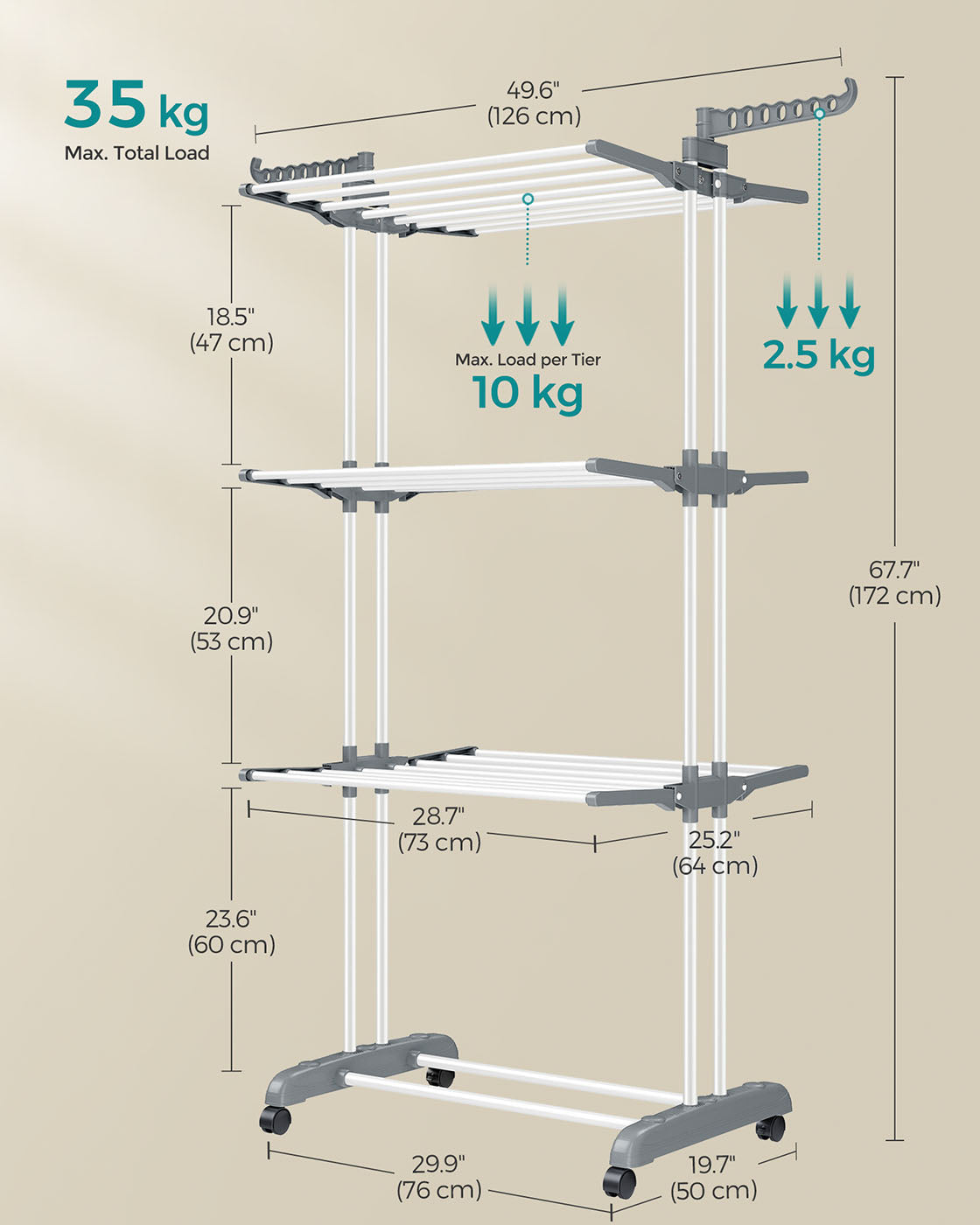 4-Tier Clothes Drying Rack – Stainless Steel – Grey – Foldable and Moveable Design