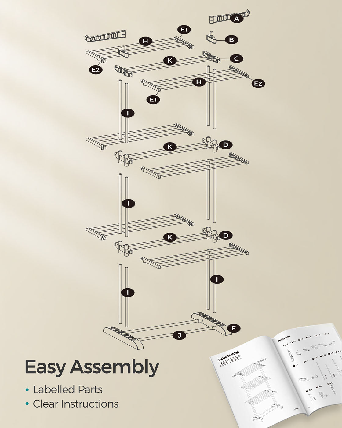 4-Tier Clothes Drying Rack – Stainless Steel – Grey – Foldable and Moveable Design