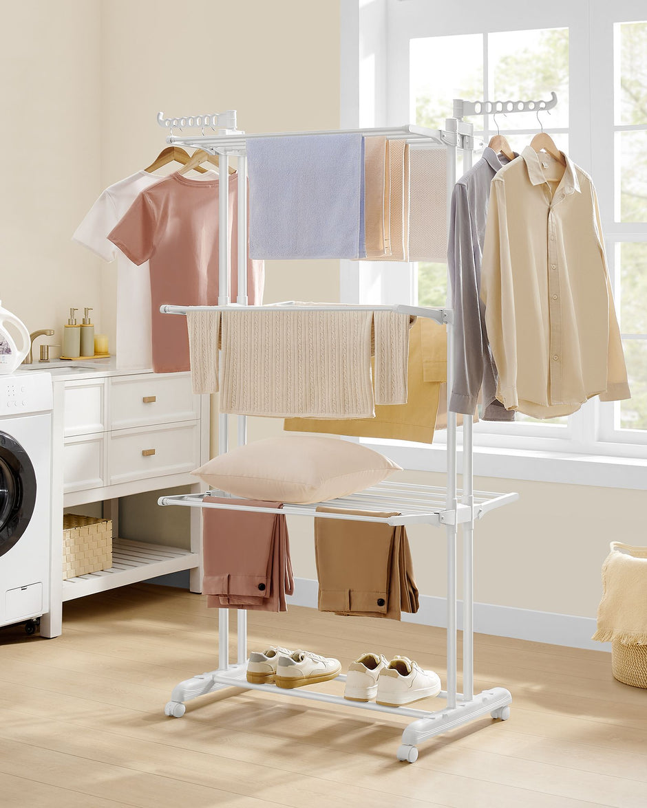 4-Tier Clothes Drying Rack – Stainless Steel – Cloud White – Foldable with Expandable Wings for Indoor/Outdoor Use