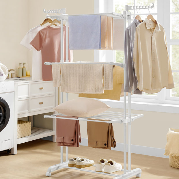 4-Tier Clothes Drying Rack – Stainless Steel – Cloud White – Foldable with Expandable Wings for Indoor/Outdoor Use