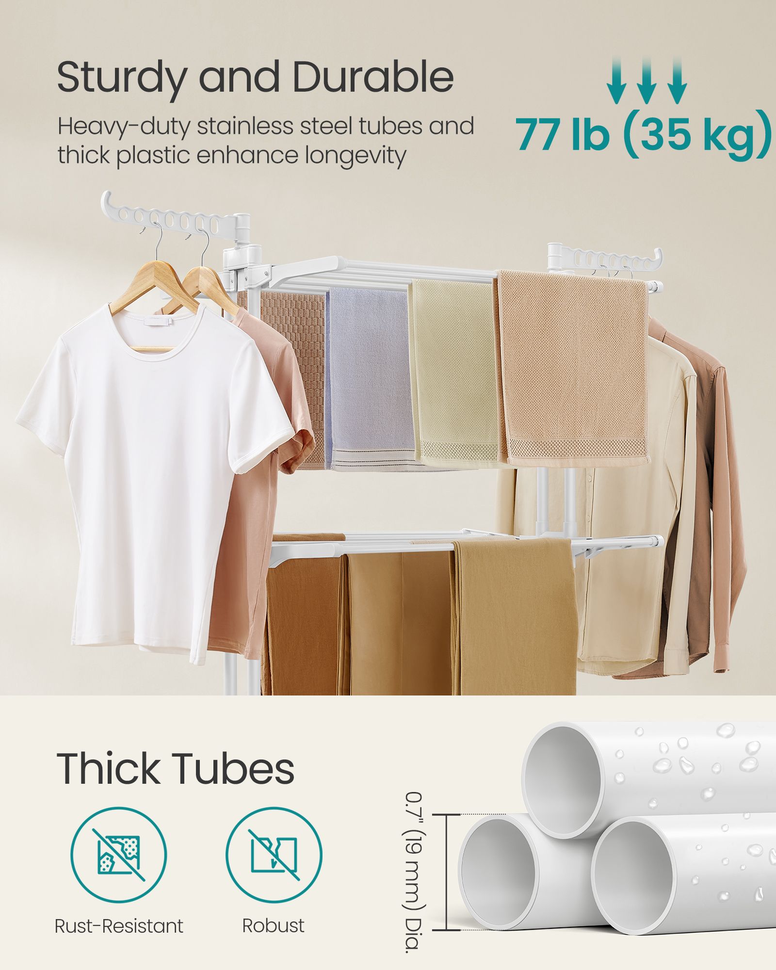 4-Tier Clothes Drying Rack – Stainless Steel – Cloud White – Foldable with Expandable Wings for Indoor/Outdoor Use
