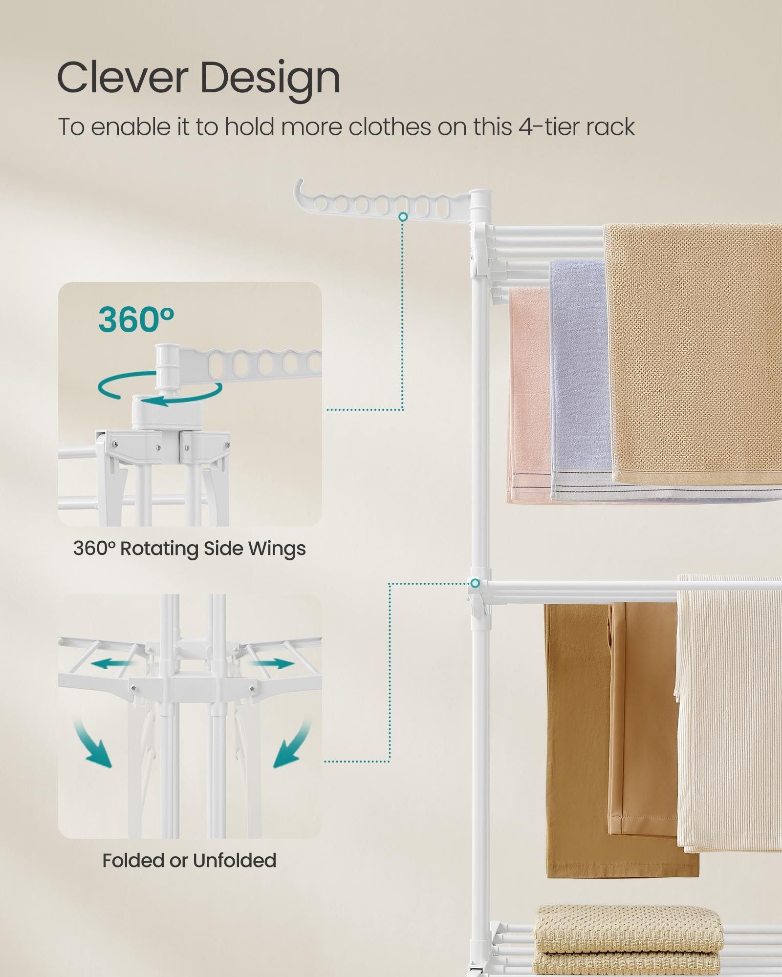 4-Tier Clothes Drying Rack – Stainless Steel – Cloud White – Foldable with Expandable Wings for Indoor/Outdoor Use