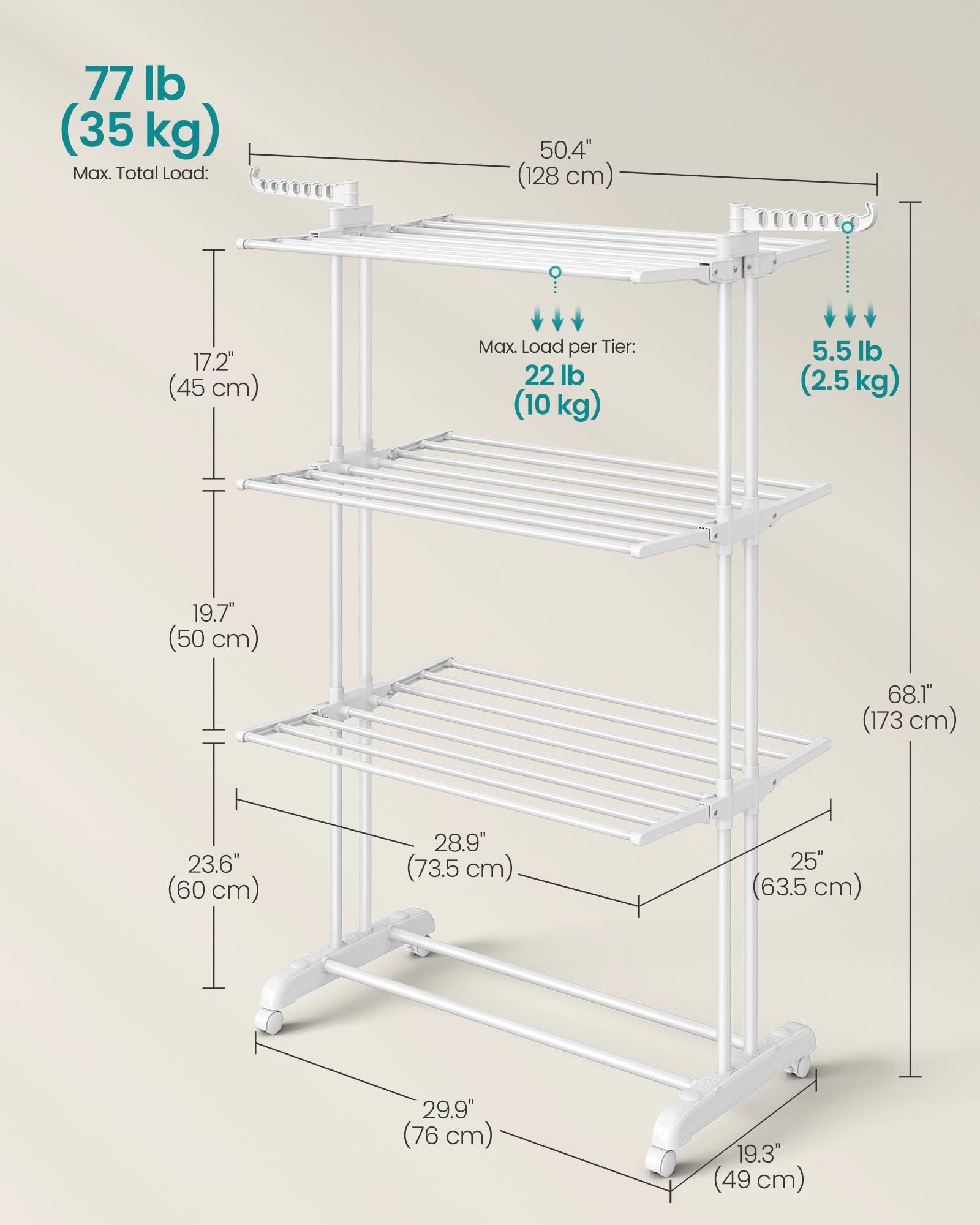 4-Tier Clothes Drying Rack – Stainless Steel – Cloud White – Foldable with Expandable Wings for Indoor/Outdoor Use