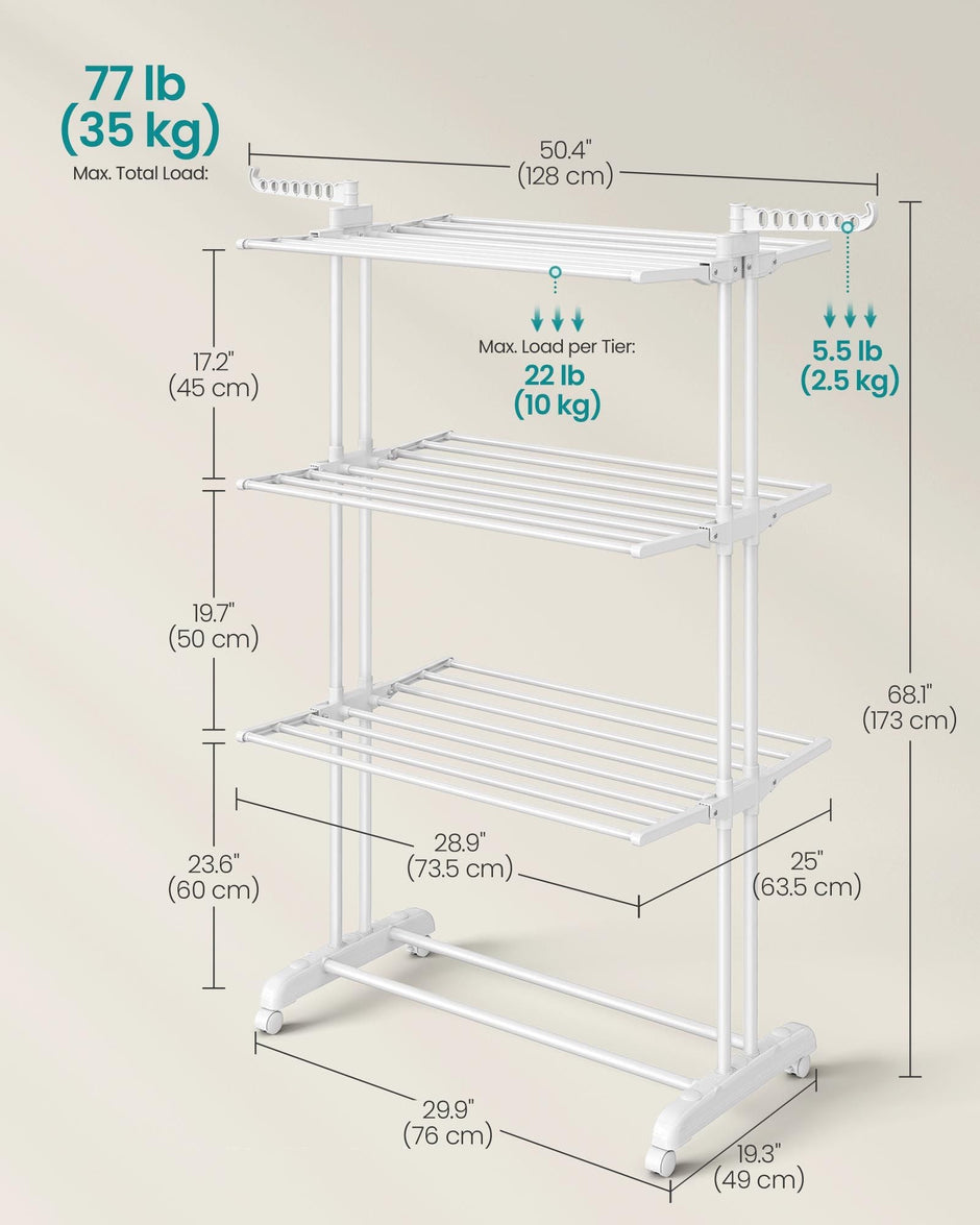 4-Tier Clothes Drying Rack – Stainless Steel – Cloud White – Foldable with Expandable Wings for Indoor/Outdoor Use
