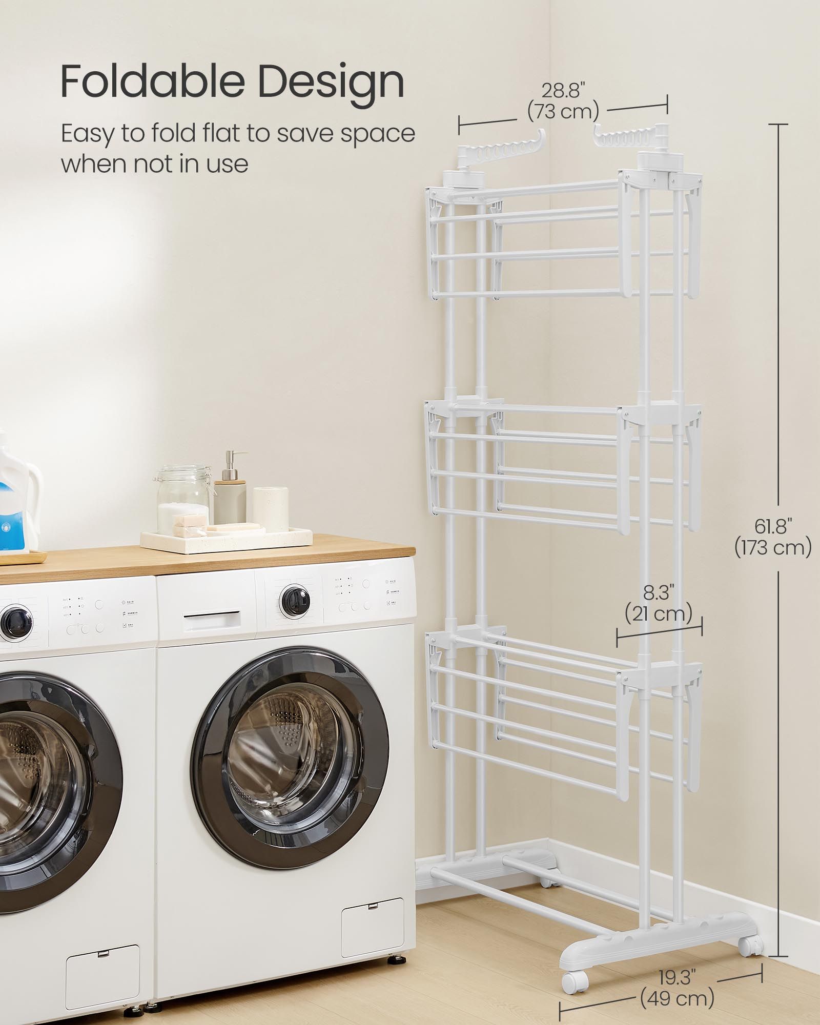 4-Tier Clothes Drying Rack – Stainless Steel – Cloud White – Foldable with Expandable Wings for Indoor/Outdoor Use